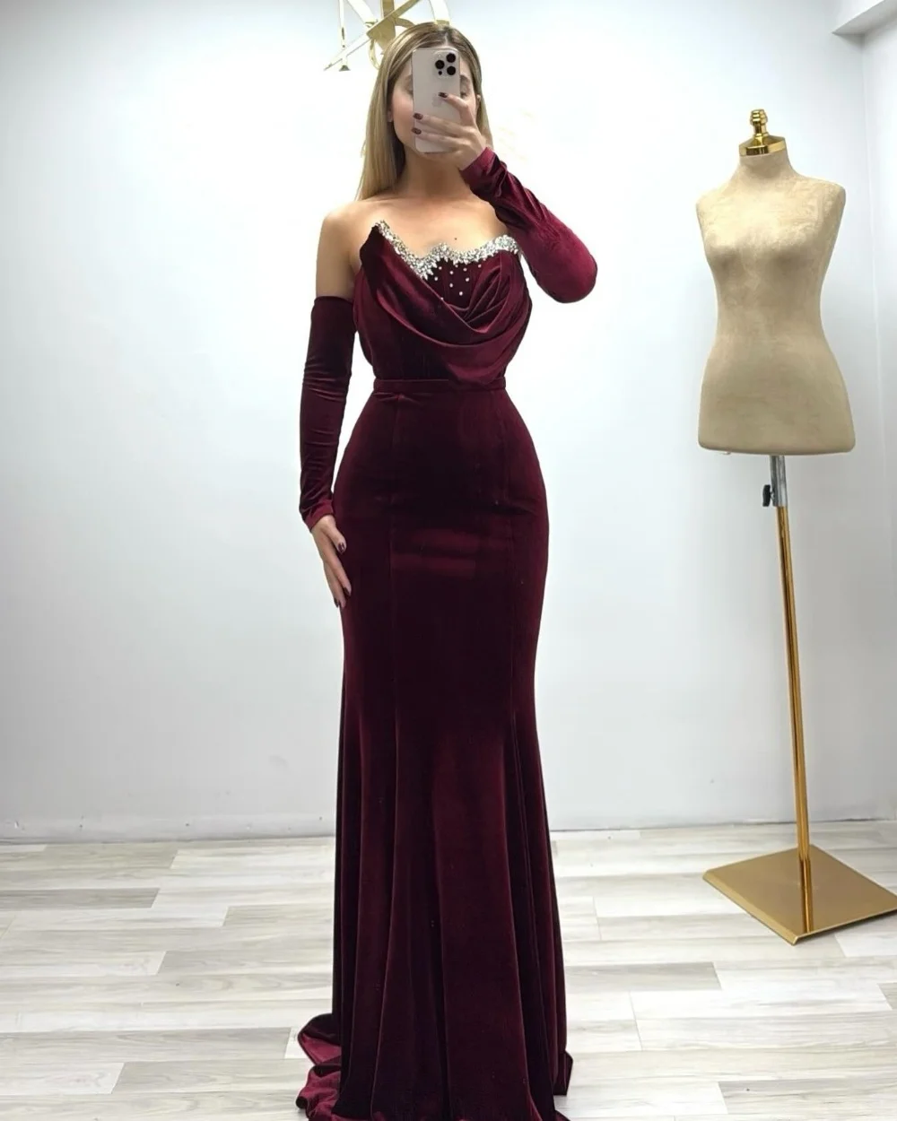 Customized Classic Velour Pleat Sequined Pattern Mermaid Strapless Long Dresses Bespoke Occasion Chinese Style