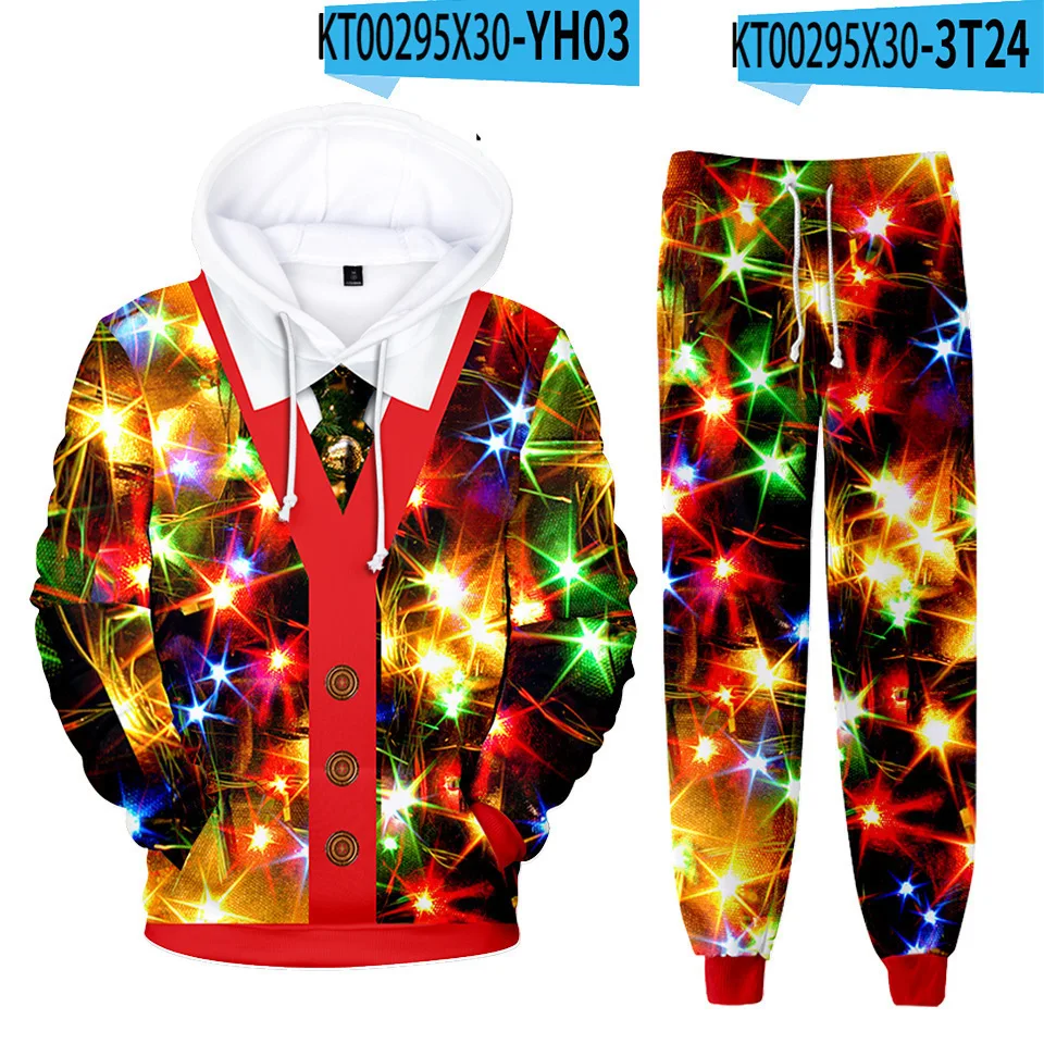 3D Print Hoodie Sets For Men Women Christmas Deer Santa Claus Tracksuit Pants 2Pcs Suits Oversized Kids Pullover Couple Clothing