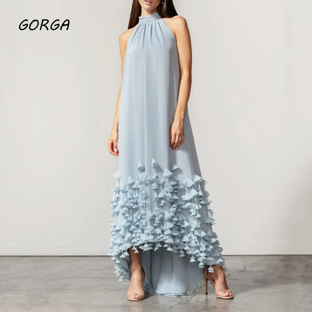 GORGA Blue Halter Ruffles Mermaid 2024 Slim Backless Appliques Chiffon Ocassion Gown Floor-Length Evening Dress فستان سهرة نسائي