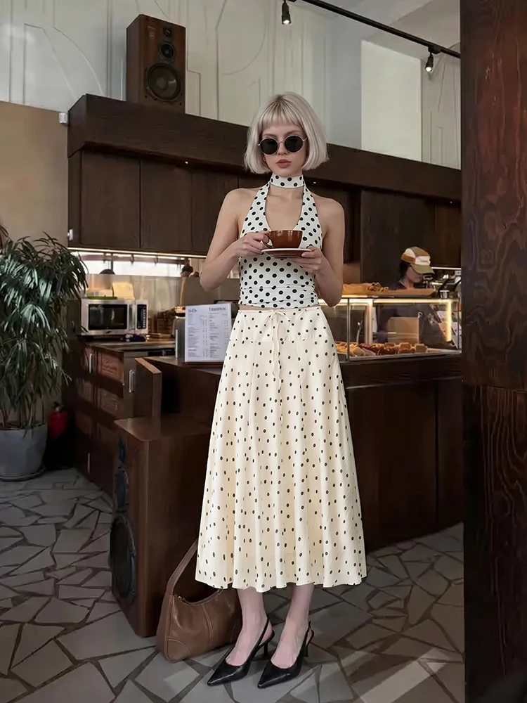 

HH French Style White Polka Dot Tiered Skirt Women Drawstring High Waist Flowy A Line Skirt Summer Vacation Beach Daily Outfit