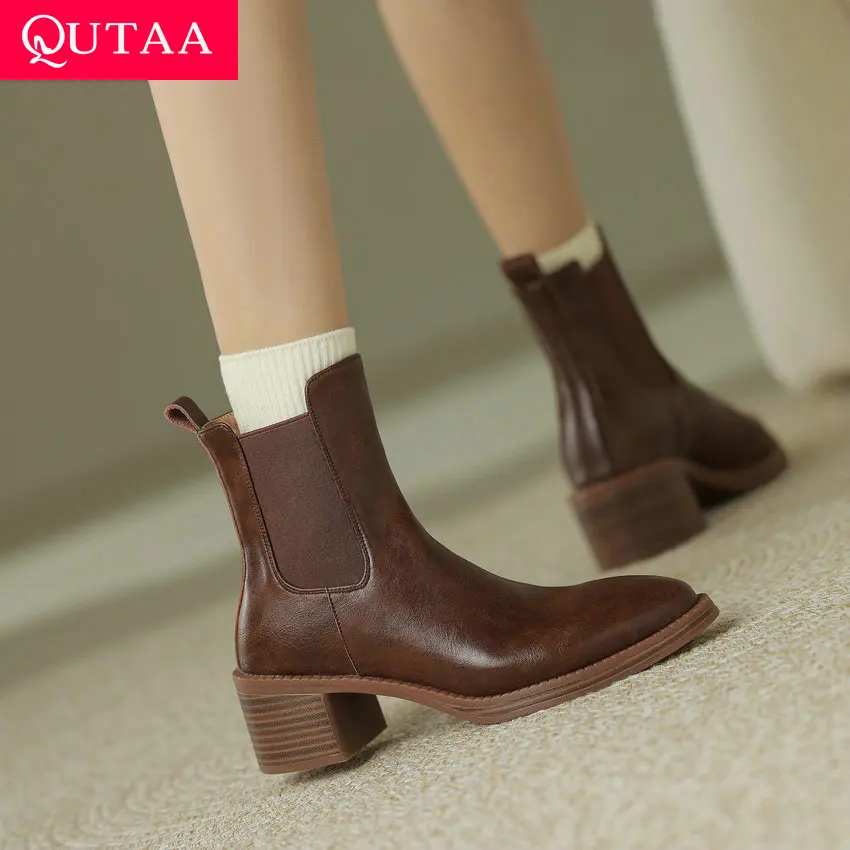 QUTAA 2024 Pointed Toe Women Ankle Boots Genuine Leather Med Heel Fashion Shoes Woman Casual Working Autumn Winter Size 34-40