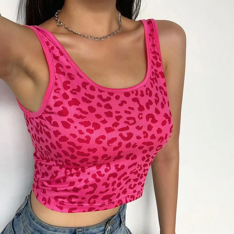 European and American style slim fit leopard print exposed navel short sexy round neck small tank top with suspender for women