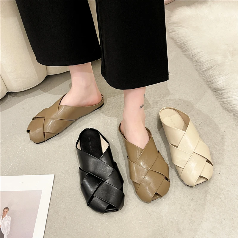 Shoes Women Female Slippers Slides Cover Toe Loafers Fashion Soft 2022 Flat Luxury Rubber PU Fretwork Basic Loafers Female Shoe