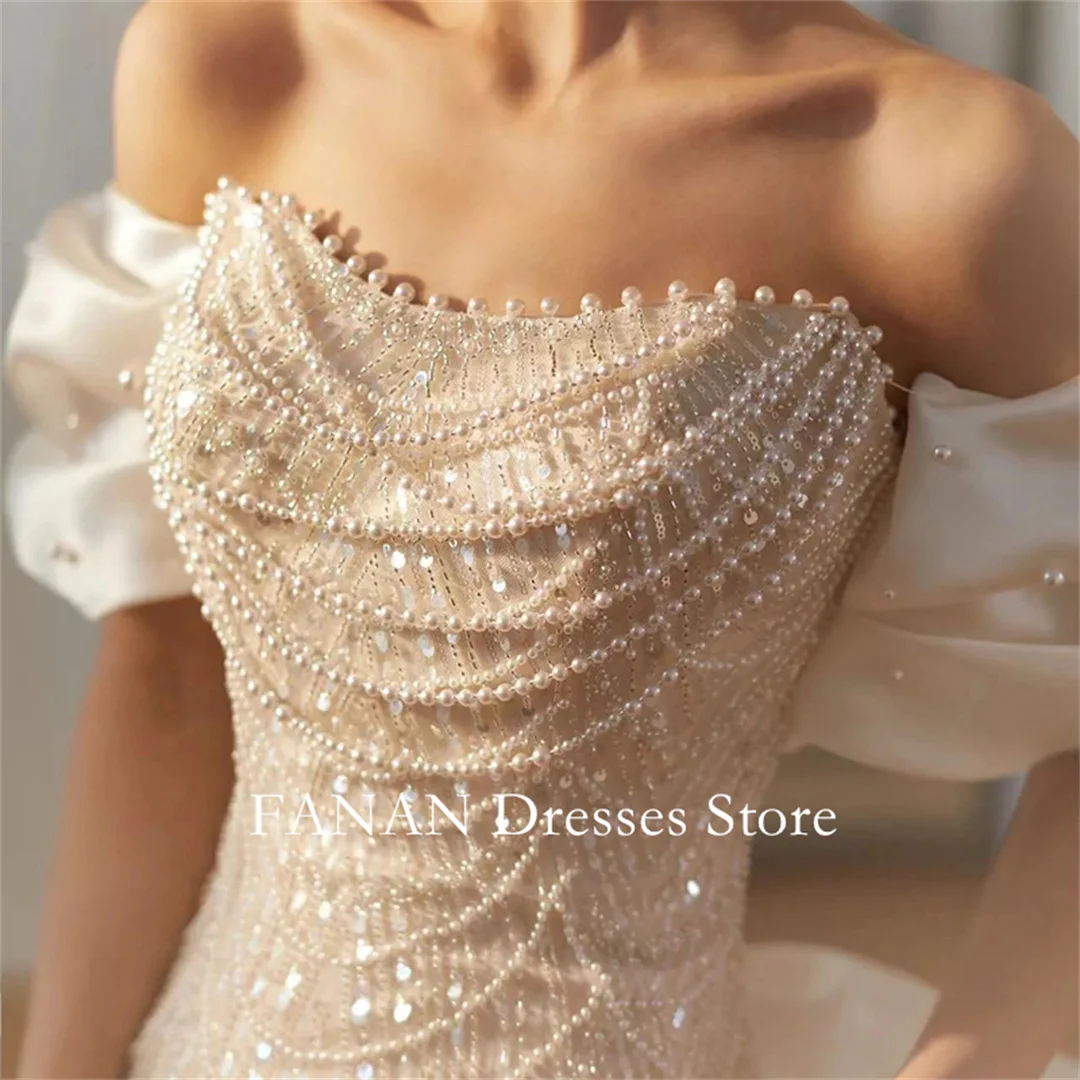 FANAN Korea Suknie ślubne bez ramiączek 웨딩드레스 Pearls Mermaid Vinatge Lace-Up Ruched Short Sleeve Custom Made Bride Gowns Plus Size