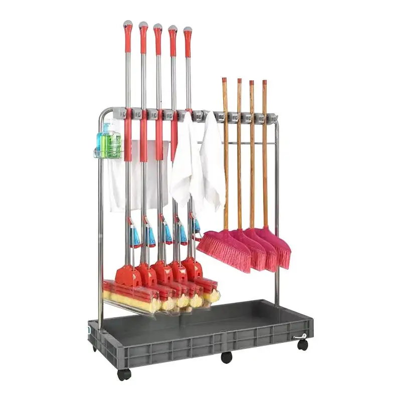 Broom And Mop Holder Movable Cleaning Tools Storage Cart With Wheels Multifunctional Tool Organization For Home School