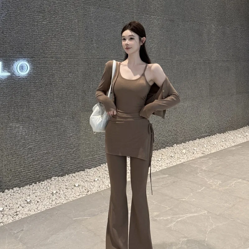 Pure Desire – Ensemble t-shirt avec coussinet de poitrine, gilet, Cardigan, taille haute, pantalon évasé, jupe, automne, Ensemble pour femmes