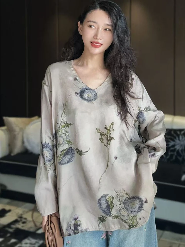 

Ele Vintage Print Women's irt V-Ne Slit Slimming Loose Fit Front ort Ba Long Design Silk Blend Commute Sle