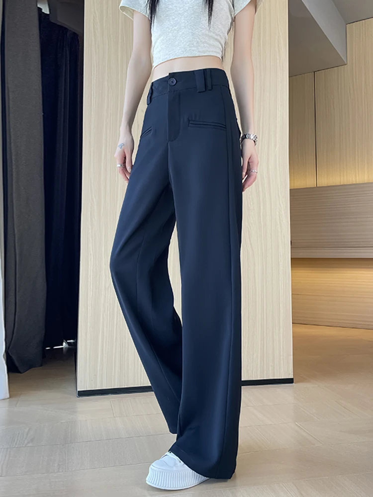 

Ele Straight Leg Suit Pants Women's Summer New Loose Floor-Length Slim Wide Leg Casual Trousers High Waist Knitted