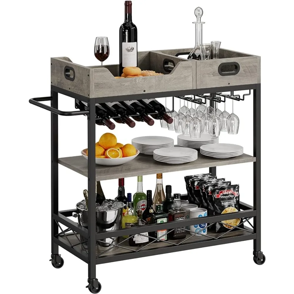 Wine Rack Industrial Serving Cart for Kichen Home and Kitchen Two Portable Trays Glasses Holder Barware Dining Bar Freight free