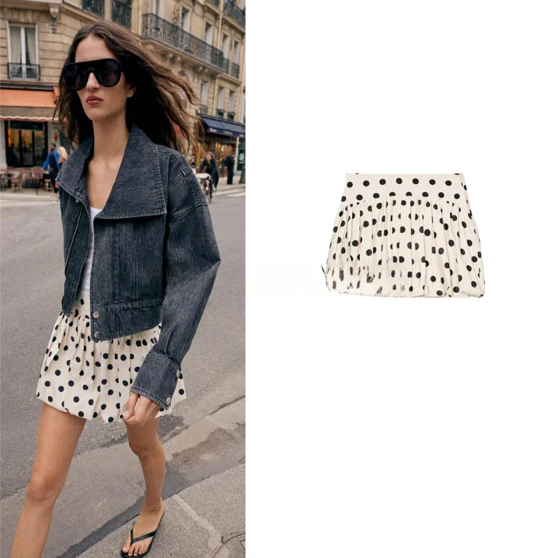 

Новая женская юбка-баллон на молнии с высокой талией, прямая, в горошек, короткая, расклешенная, из полиэстера, с эффектом потертости