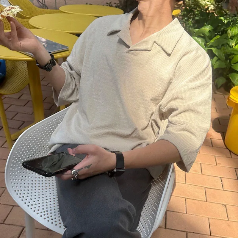 

Japanese RetroT-shirt Men Summer Loose Lapel Short Sleeves Korean Version Trendy Five-quarter Sleeve Top Temperament Fashionable