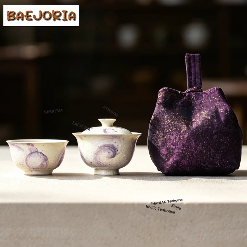 BAEJORIA Hand-painted Oil Painting Style Purple Starry Sky Travel Tea Set Kit 1 Bowl 1 Cup Tea Maker Storage Portable Picnic Bag
