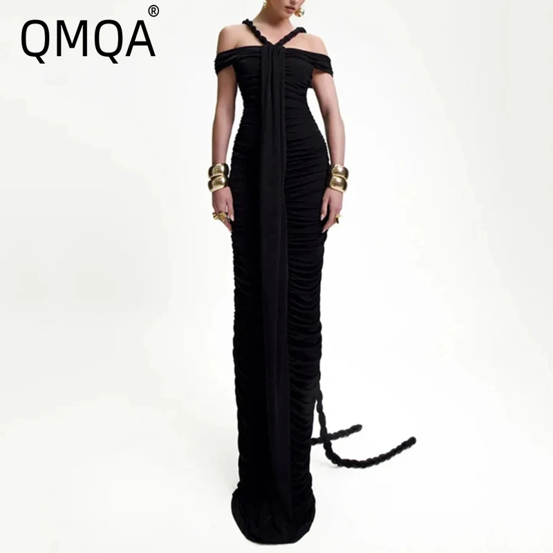 Qmqa moda feminina vestidos slash neck sem mangas emendado bandagem preto branco maxi elegante vestido de festa à noite novas roupas a572