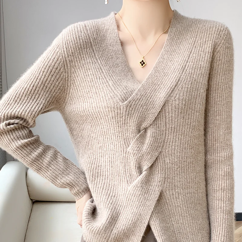 Women 100% Pure Merino Wool V-Neck Cross Twisted Pullover Cashmere Thick Tops Casual Knitted Clothing Fashion Autumn Winter