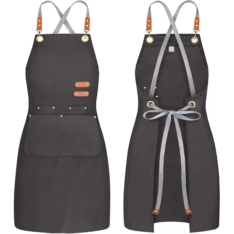 

Unisex Work Apron Woman Men BBQ Kitchen Chef Work Apron Canvas Barber Bar Shop Cafes Waiter Adjustable Leather Cotton Apron