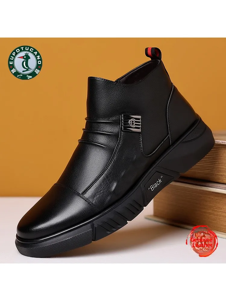

Men's Casual High-Top Boots Warm Fce Lined Genuine Leather oes Winter Warm ort Boots Zipper Closure Rubber Sole