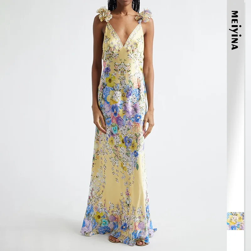 100% Silk Floral Print Sleeveless Sling Maxi Dress for Women Elegant Deep V Neck Backless Sexy Club Party Long Dress