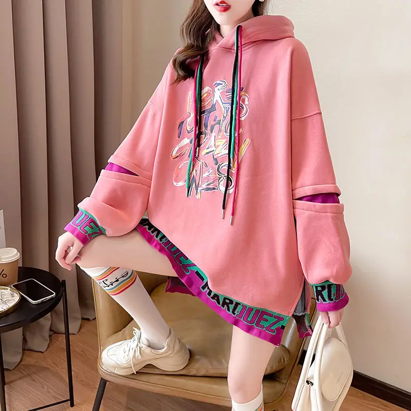 Autumn Winter Korean Loose Printing Hoodies Female All-match Patchwork Long Sleeve Thick T-Shirts Women Clothes Mid Length Top