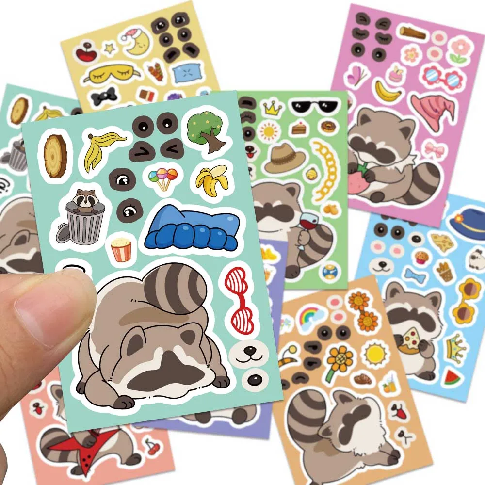 8/16//24/32pcs Cartoon Cute Raccoon Make A Face Puzzle Stickers Decals For Laptop Luggage Notebook Guitar DIY Aesthetic Stickes