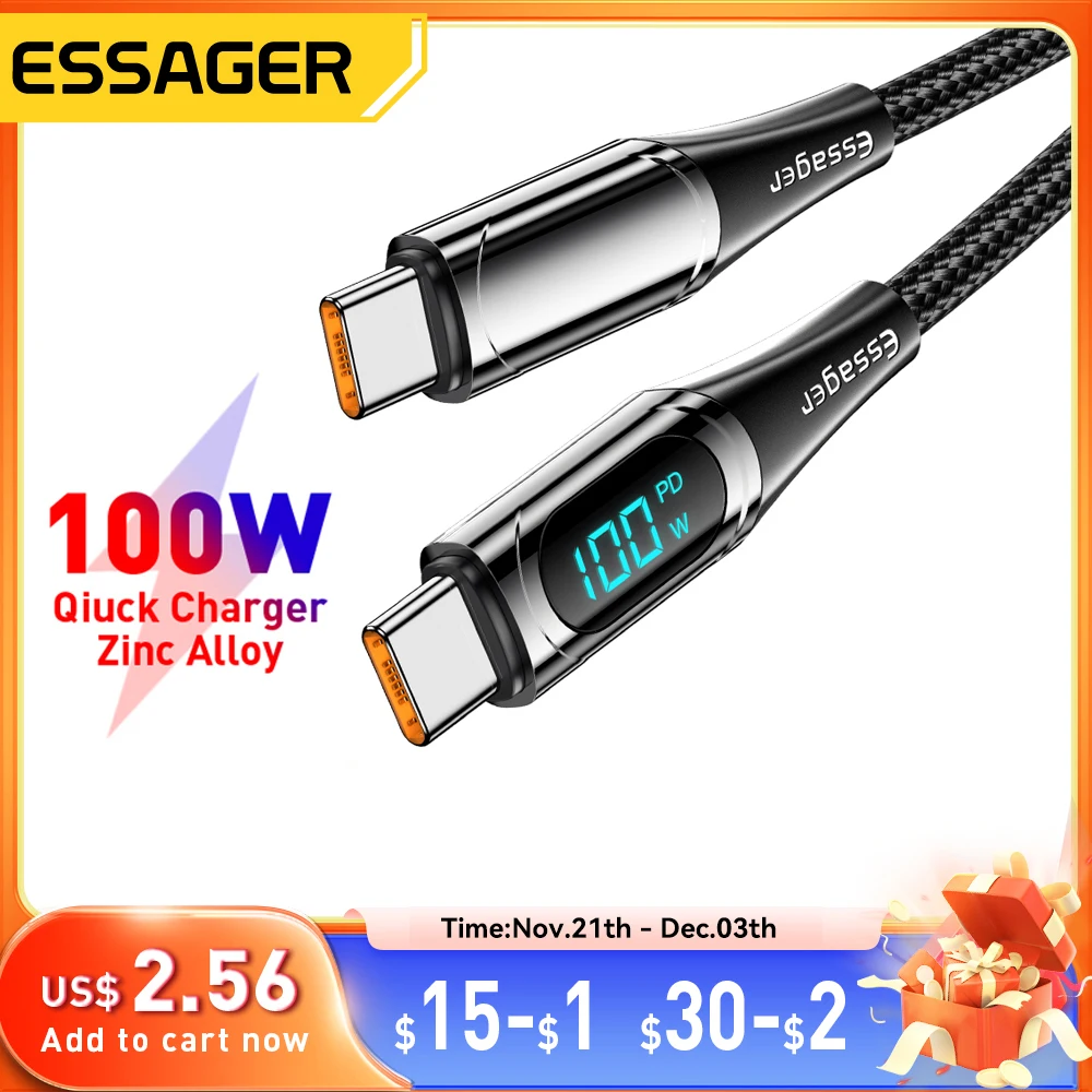 Essager USB Type C To USB C Cable 100W/5A PD Fast Charging Charger Wire Cord For Macbook Xiaomi Samsung Type-C USBC Cable  2M