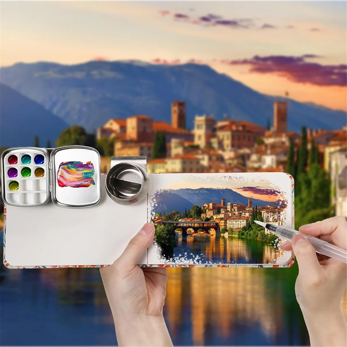 M21K 11 Piece Tin Box, 12 Empty Watercolor Palettes, Artist Brushes with Protective Case, Sketching Watercolor Kit