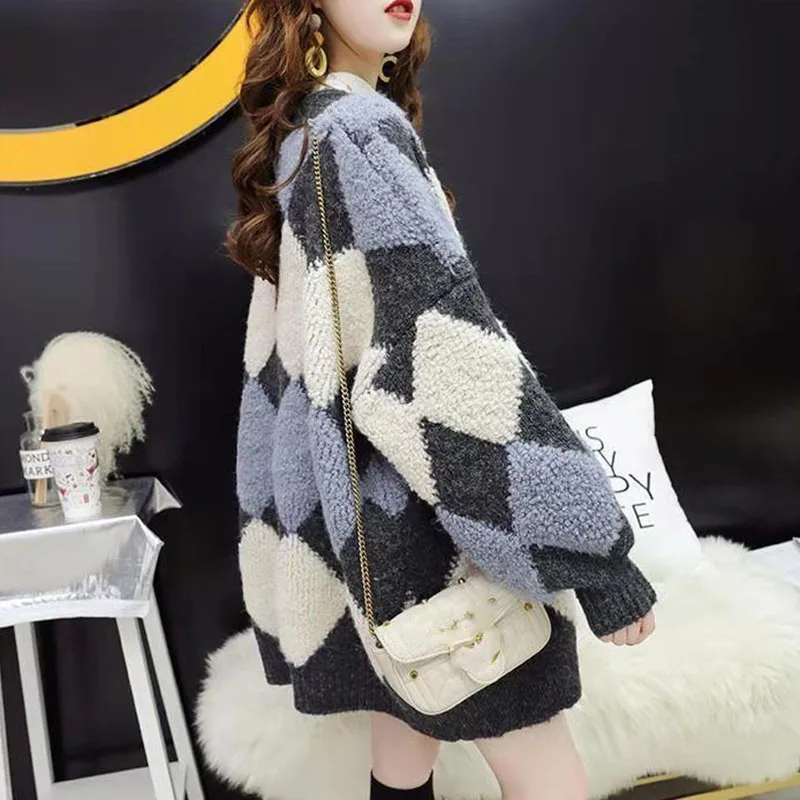 Biyaby Streetwear Argyle Plaid Cardigans for Women Korean Loose Checkered Button Sweaters Woman Autumn Winter Thick Warm Sweater