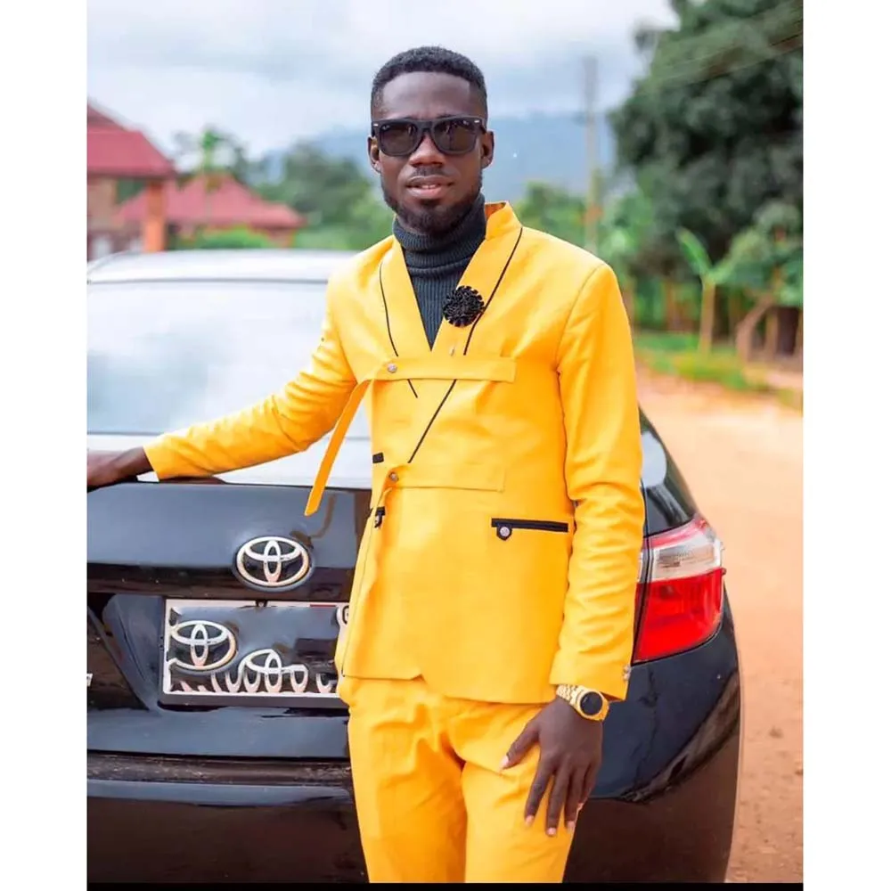 

Yellow Casual Men Suits Stand Lapel Regular Length Custom Made Solid Color 2 Piece Jacket Pants Prom Party Evening Full Set