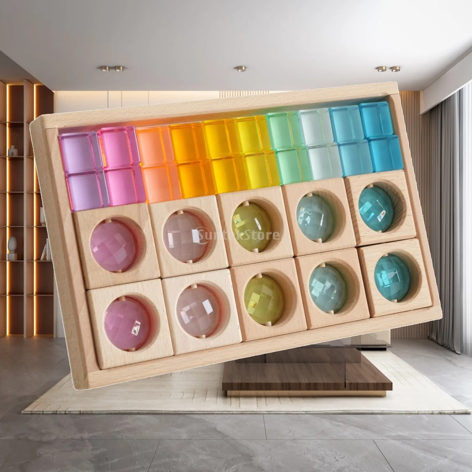 Rainbow Acrylic Building Blocks for Kids Cube Stacking Game Montessori Educational Toys with Wooden Box 100PCS Set