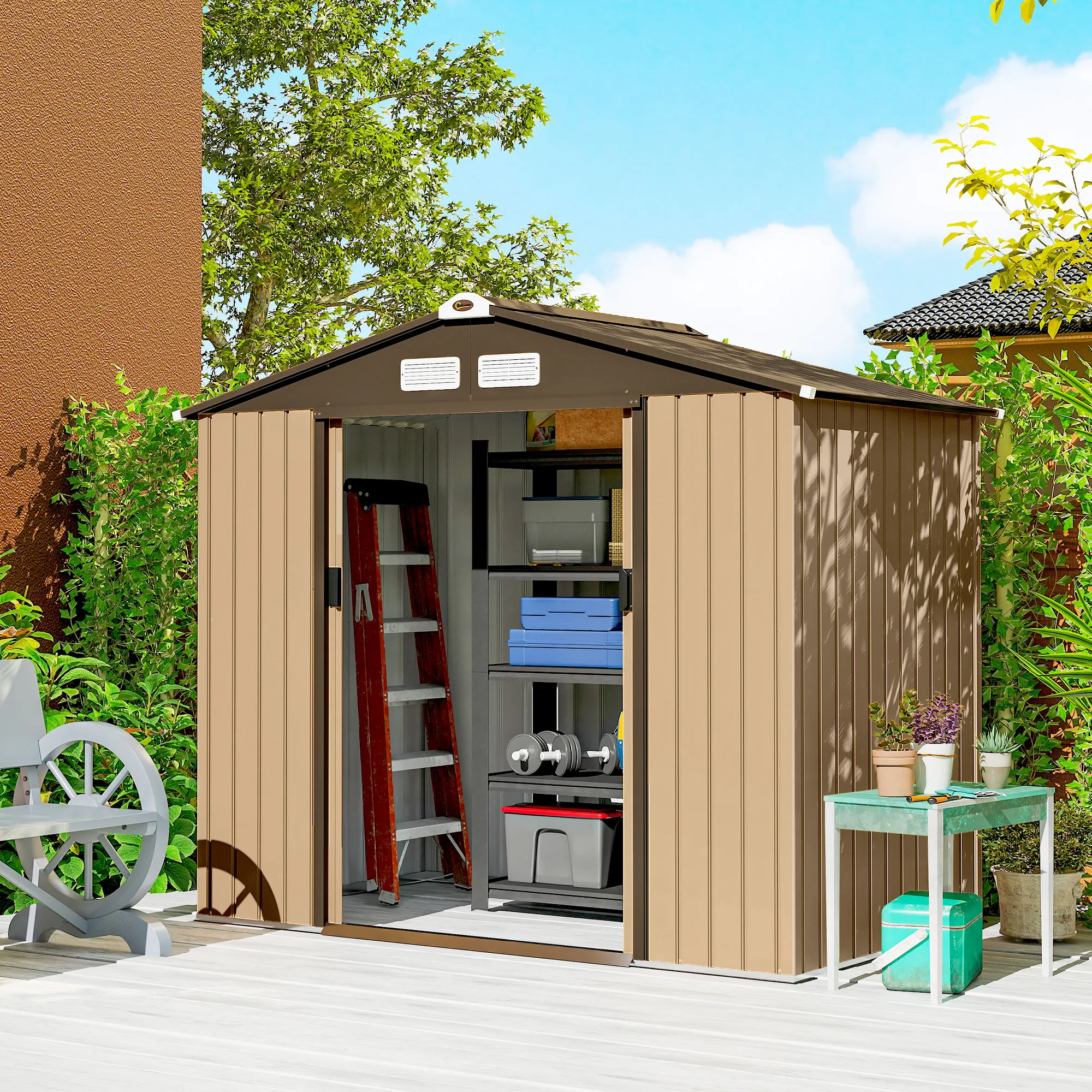 Outsunny Caseta Jardín 2,42 m²,213x130x185 cm, Metálica con Puertas Correderas y Ventilación, Amarillo