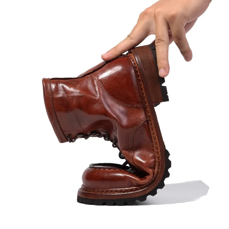النمط البريطاني جلد طبيعي ركوب تشيلسي أحذية حذاء رجالي اليدوية الرجعية العمل جلد البقر دراجة نارية حذاء من الجلد الذكور عالية أعلى #4