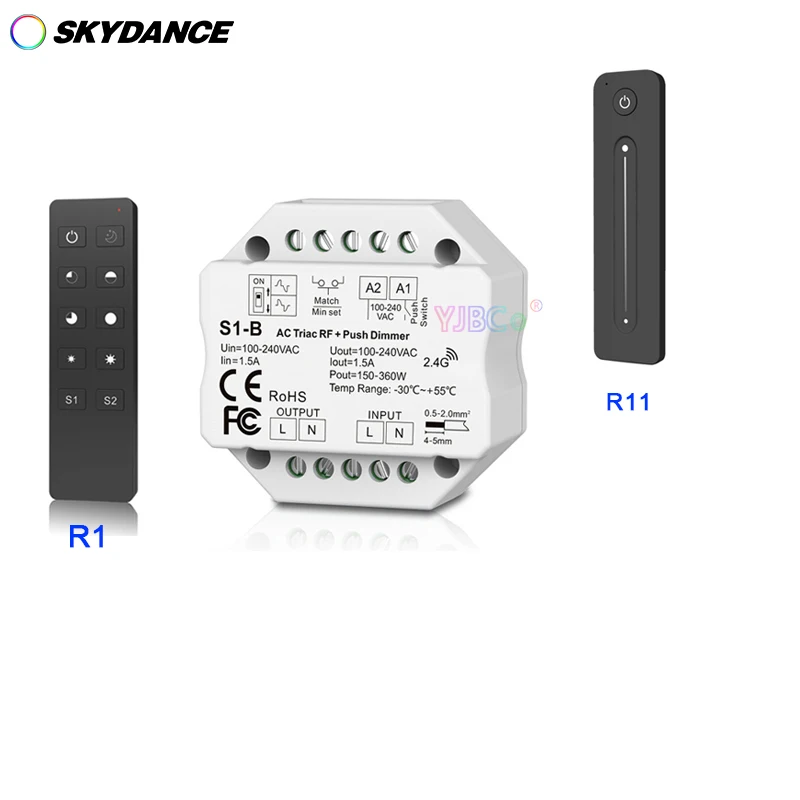 

S1-B AC LED Triac RF Push Dimmer AC 110V-220V 150W-360W 1.5A Push Dimmer LED Switch Controller R1/R11 2.4G RF Wireless Remote