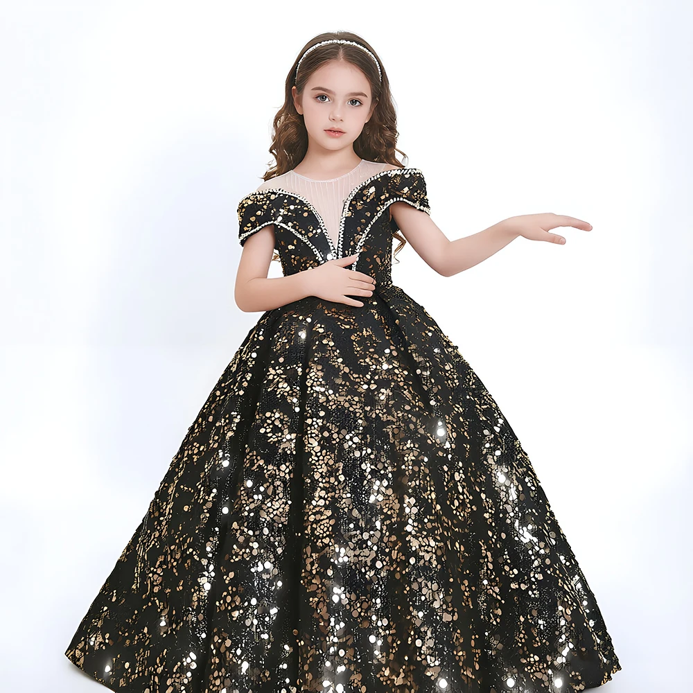 Luxury Girls Pageant Dress Off Shoulder Black Sequined Princess Birthday Ball Gown Formal Kids Evening Party Dress Open Back
