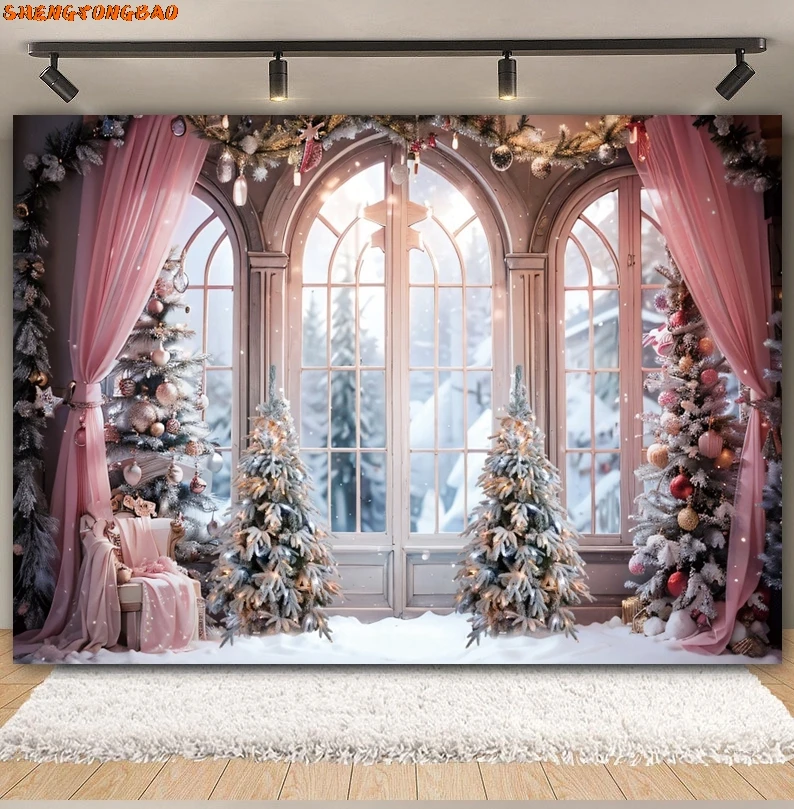 Christmas Photography Backdrops Xmas Tree  Window Fireplace Children Birthday Kids Portrait Background Decor Photo Studio Props