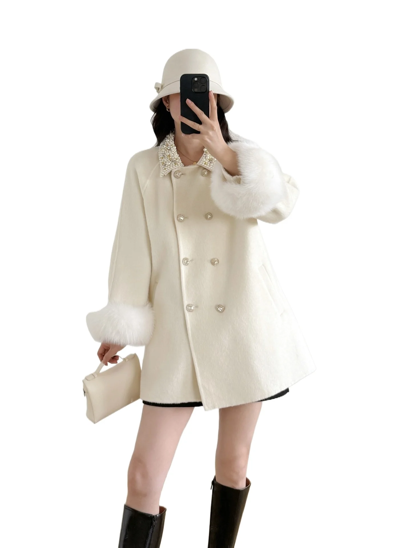 سترة نسائية من الصوف ذات ياقة خرز من الصناعة الثقيلة من Rose Theatre 2025 قابلة للإزالة وأكمام من فرو الثعلب مزدوجة الجوانب