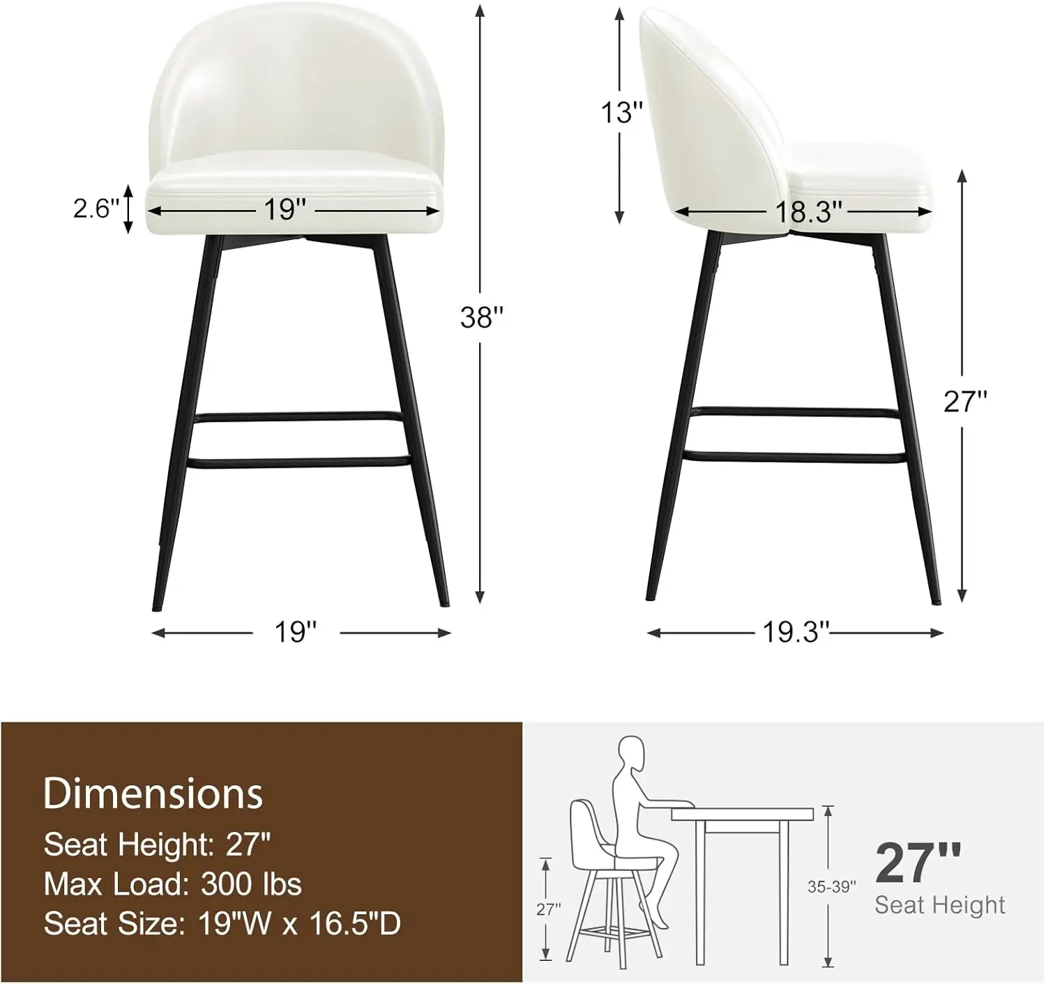 Counter Height Swivel Bar Stools, Upholstered Barstools with Backs and Metal Legs, Modern Bar Stools，Kitchen , Bar