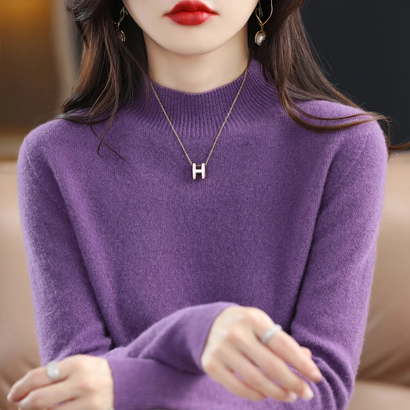 Autumn Woman\'s Sweaters Female Pullover Long Sleeve Half Turtleneck Basic Style Jumper 100% Wool Knitted Tops Cashmere Sweaters