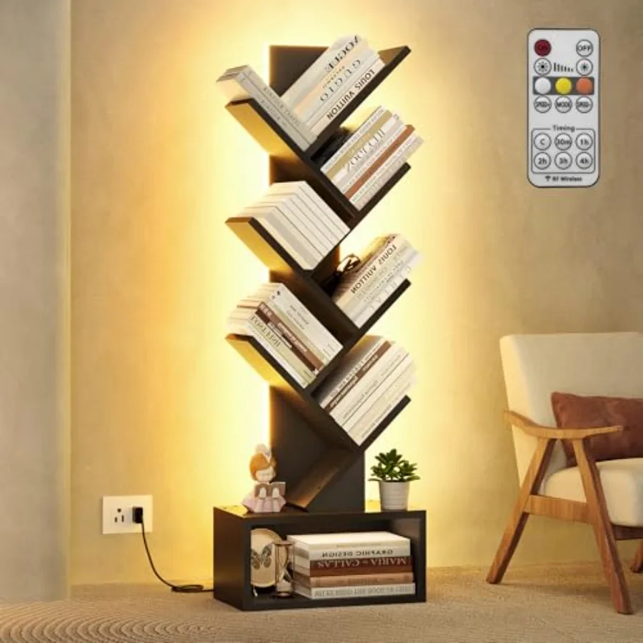 

Высокий книжный шкаф-стеллаж с выдвижными ящиками и LED-подсветкой, напольный, для хранения и демонстрации книг