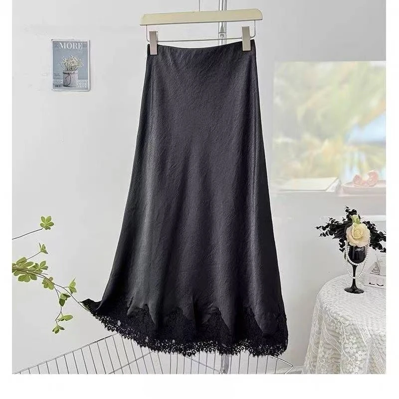 Francês elegante sólido midi saia senhora do escritório rendas retalhos saia casual retro coreano moda midi saia mulher design chique