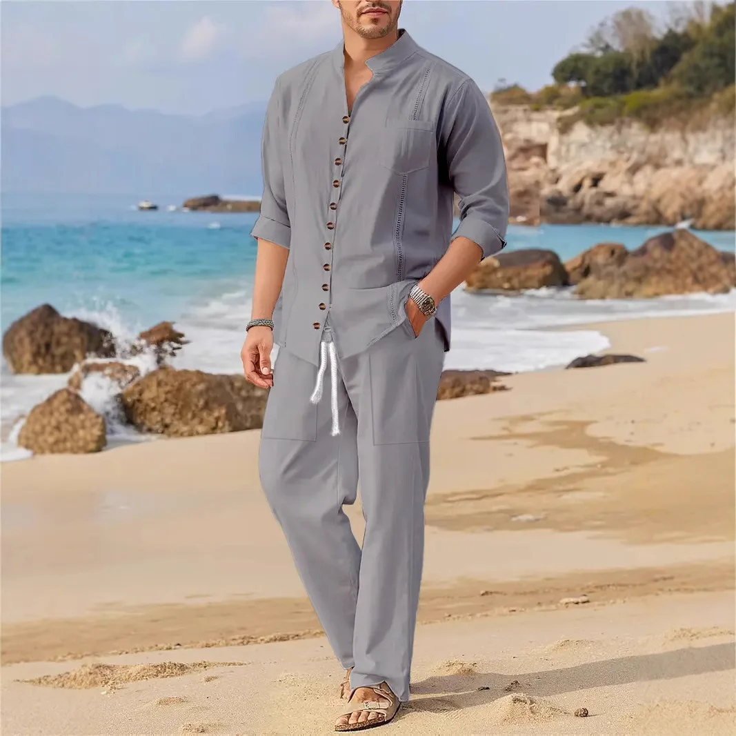 2025 Spring and autumn Cuban style fashion men\'s shirt trend casual multi-button stand collar loose long sleeve pants beach suit