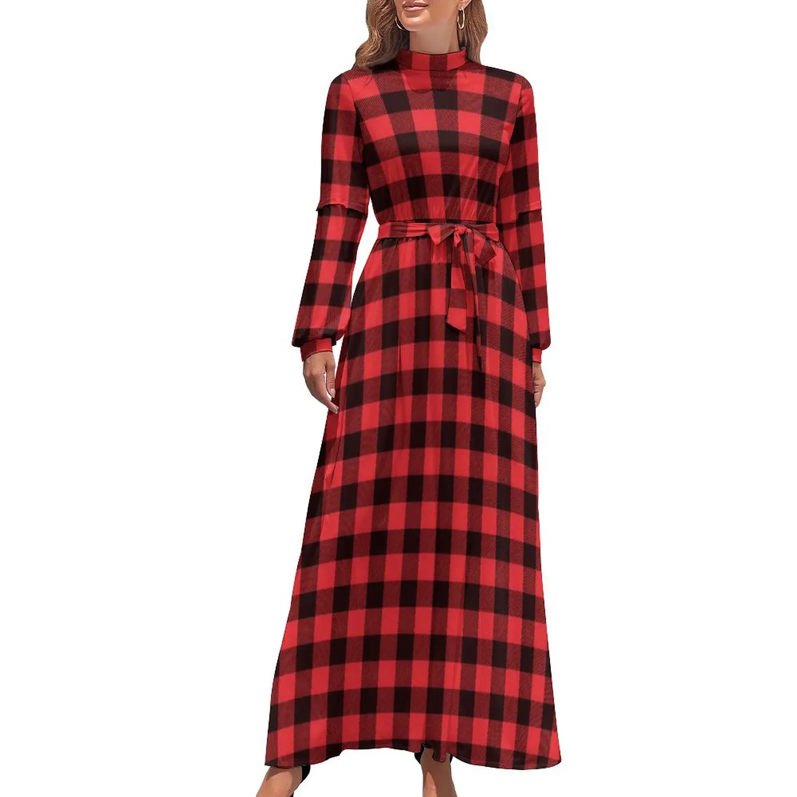 

Red And Black Plaid Dress High Waist Retro Checkerboard Boho Beach Dresses Long Sleeve Fashion Long Maxi Dress Cute Vestido