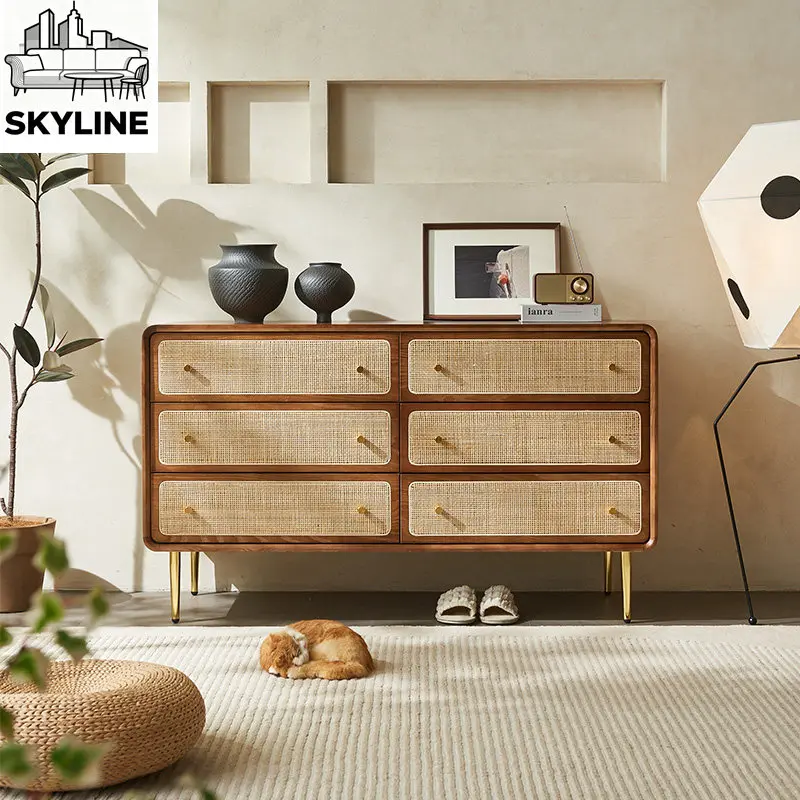 Modern Simple Solid Wood Rattan Drawer Chest Cabinet, Japanese Style Storage Sideboard Entrance Locker with Multiple Drawers