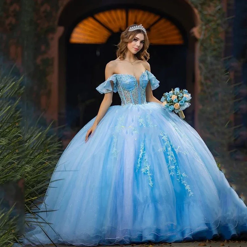 Vestido azul cielo De quinceañera, apliques De cuentas De encaje, diamantes De imitación, vestido De princesa para cumpleaños De 15 Años, 2024