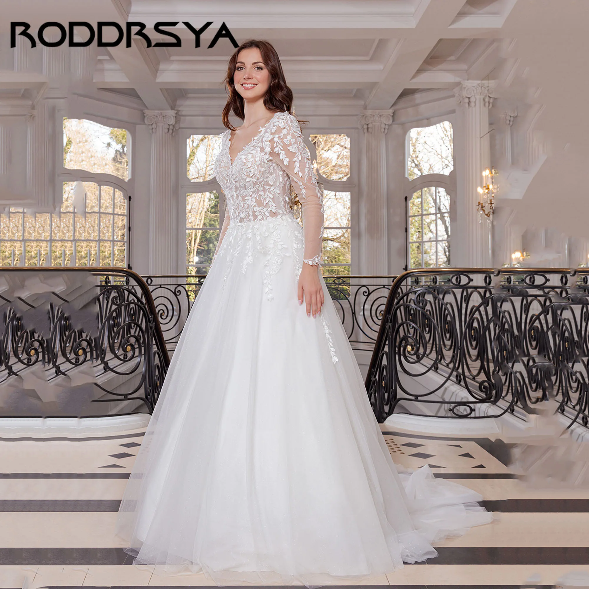 RODDRSYA Romantic Wedding Dresses 2025 Long Sleeves 3D Appliques A-line Bridal Gowns V-neck V-back vestidos de novia Customized