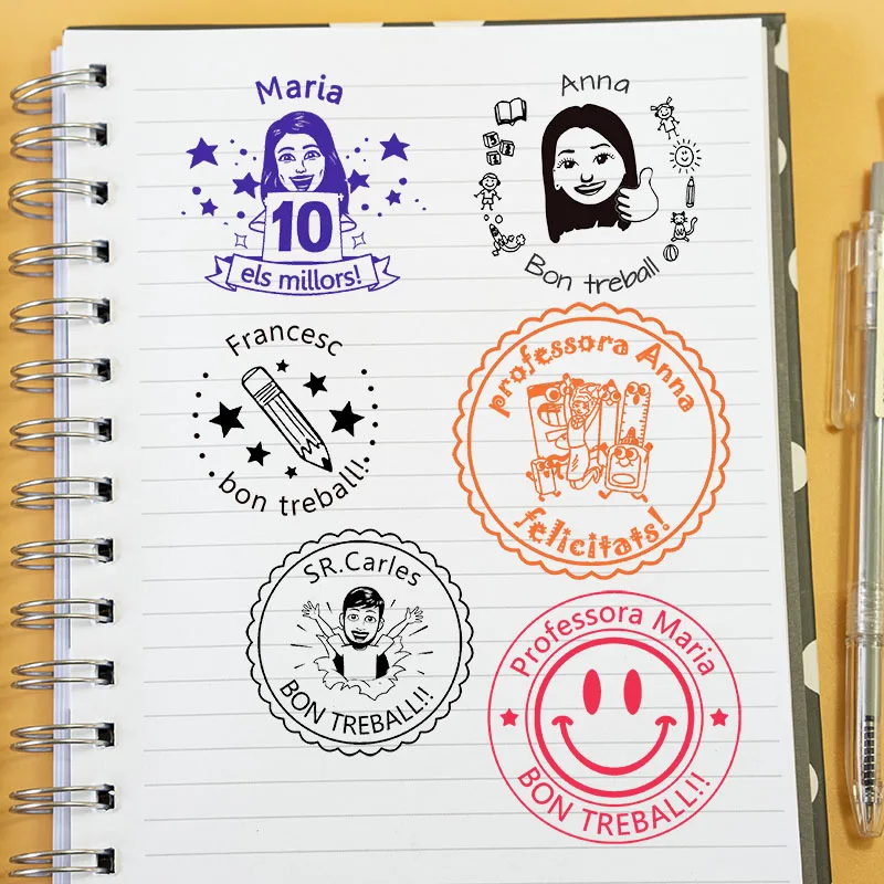 Sellos personalizados para profesores catalanos, sellos para tareas escolares, autoenido, su logotipo