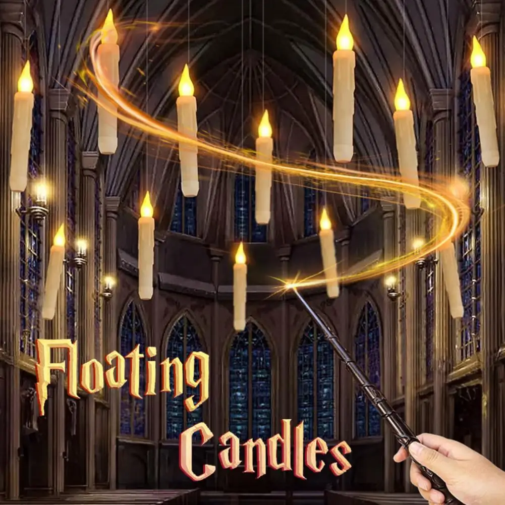 

12Pcs Floating Candles with Magic Wand Flickering Warm Light LED Flameless Candle Taper Candles for Christmas Halloween Party