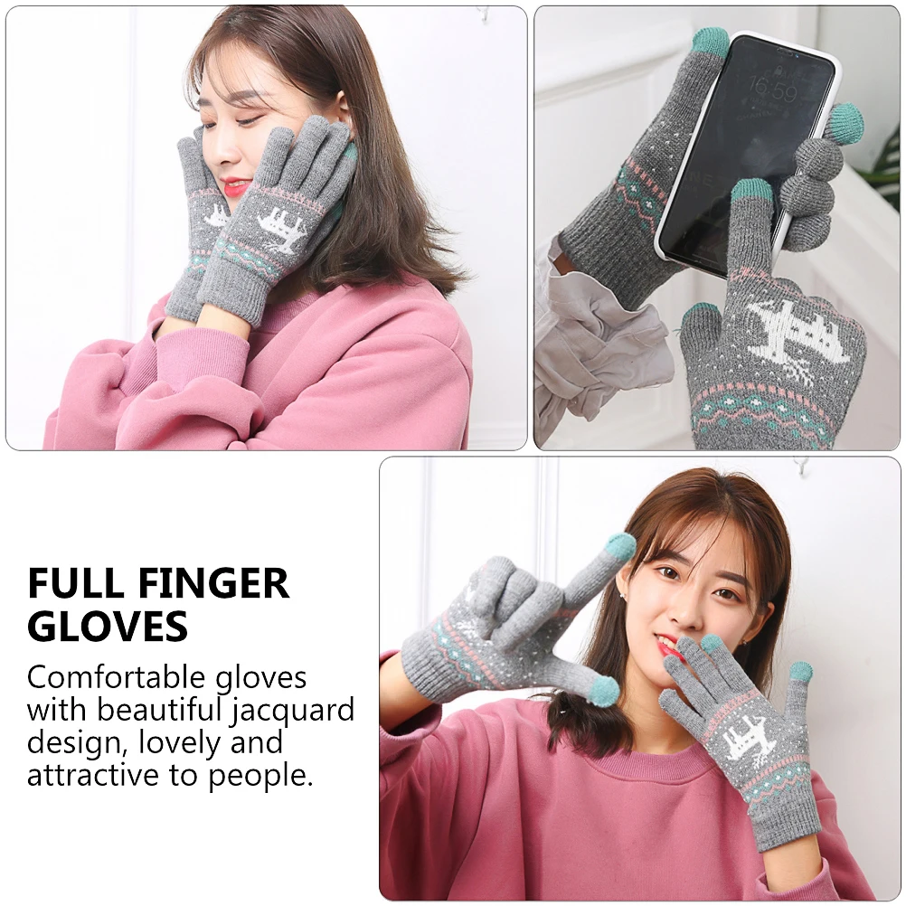 1Pair Touch Screen Compatible Gloves Winter Warm Knitted Full Finger for Women Thermal Hands Protection Christmas Design