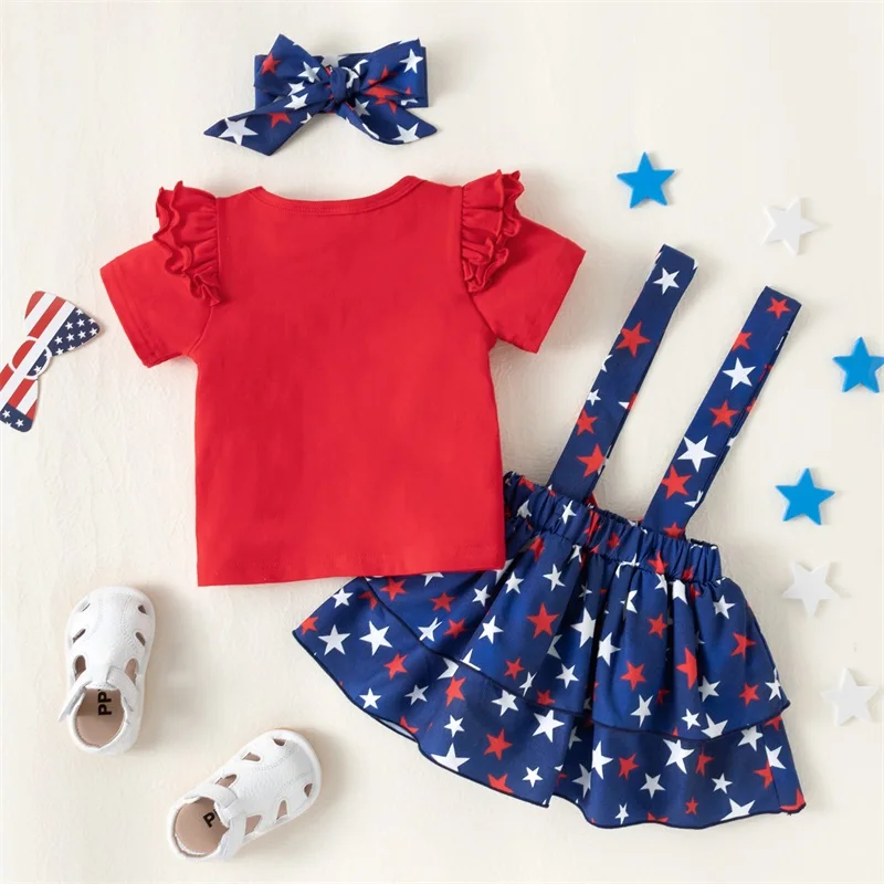 

Adorable Baby Girl Skirt Set with Short Sleeve Top Suspender Skirt and Matching Headband - Letter Print Design