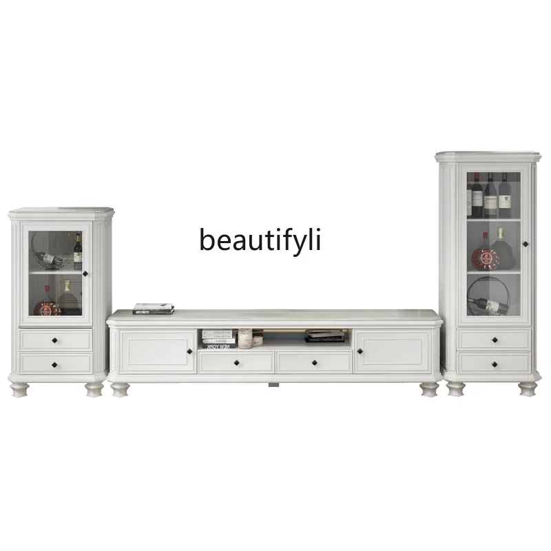

S American Country White Single Door Solid Wood Living Room Retro Idylic Marble TV Cabinet Light Luxury Living Room Furniture
