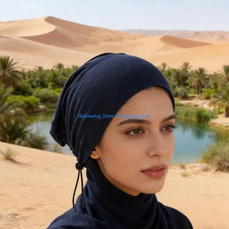 573B Mercerized Cotton Turban Headwrap for Women Adjustable Drawstring Skull Cap Hijab Headcover Hat for Religious Ceremony
