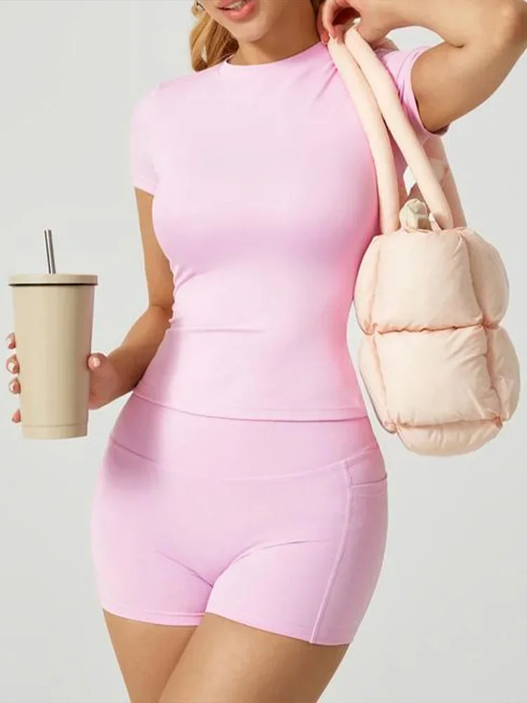 

AOTVOTEE Sexy Solid Yoga Motion Shorts 2 Piece Set Women Split Short Sleeve Tight Top 2025 New Spring Summer Bikini Motion Set